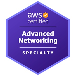 Selo de certificação AWS, em formato hexagonal e fundo roxo. Em branco, no interior do selo, encontra-se o nome da certificação “AWS Certified Advanced Networking - Specialty”.