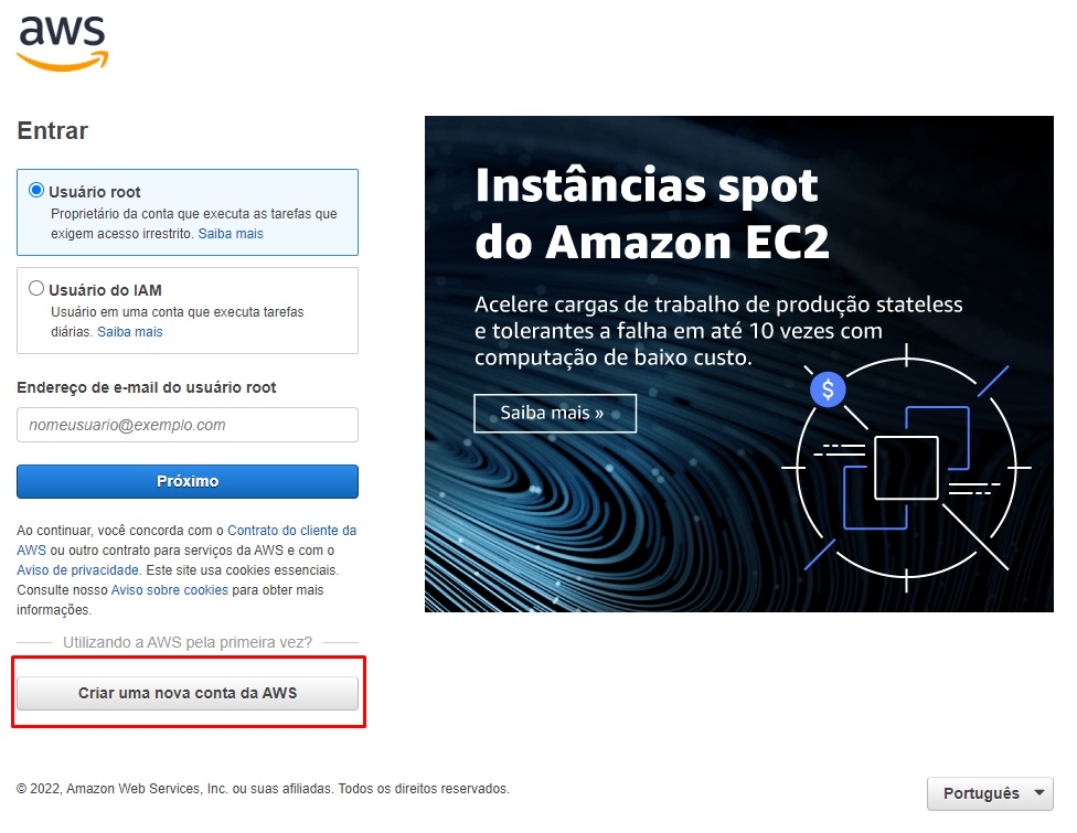 Página de login e/ou novo cadastro na AWS. No canto inferior esquerdo, em destaque, encontra-se um botão com o texto “Criar uma nova conta da AWS”.