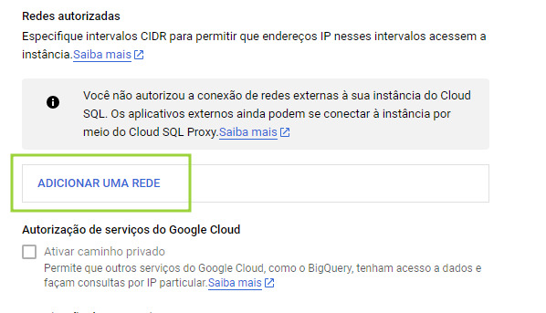 Captura de tela. Um retângulo destaca o botão “Adicionar uma rede” na lista de Redes autorizadas.