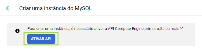 Captura de tela da página de criação de uma instância no Google Cloud. Está escrito que, para criar uma instância, é preciso ativar a API Compute Engine, e um retângulo evidencia o botão “Ativar API”.