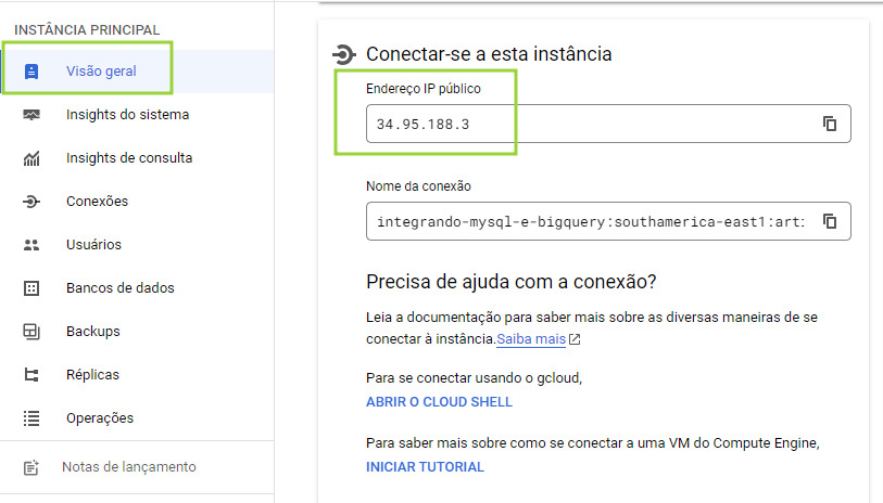 Captura de tela. Ao lado esquerdo, está o menu da instância, e a opção “Visão Geral” está selecionada. Ao lado direito, está um quadro de informações com o título “Conectar-se a essa instância”. Nesse quadro, o “Endereço IP público” está destacado, mostrando que é o que vamos utilizar agora. Há também outras informações, como o nome de conexão e indicações de links para ajuda com a conexão.