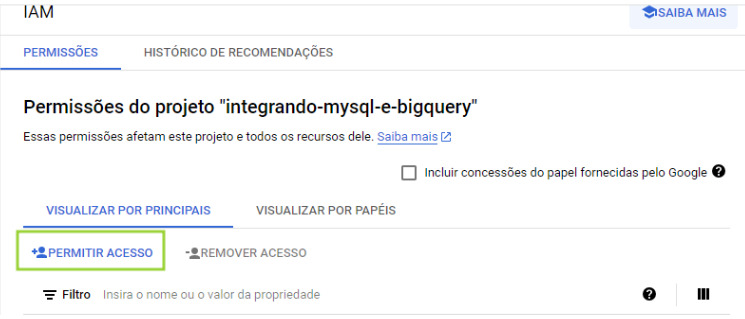 Imagem da tela de permissões do projeto, na seção de IAM. Um retângulo destaca a opção “Permitir acesso”.