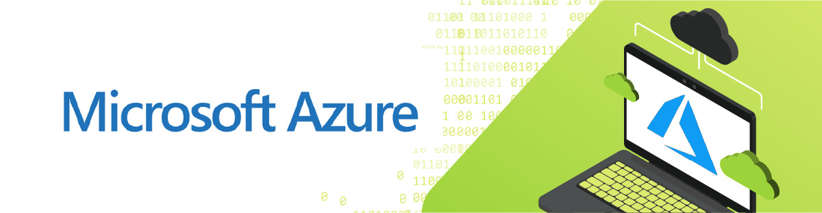 Imagem colorida, dividida em dois. À esquerda, em fundo branco, o nome Microsoft Azure em azul. À direita, em fundo verde, um notebook exibindo a logo Azure, que tem formato triangular, em azul.