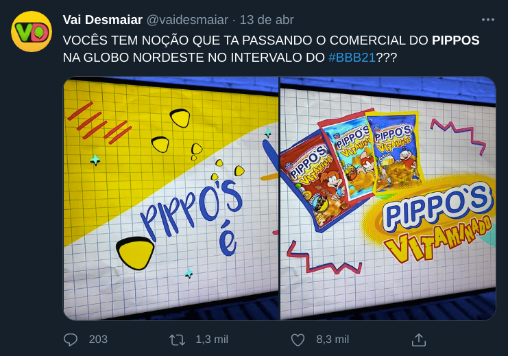 postagem do Twitter mostrando o salgadinho Pippo´s #inset