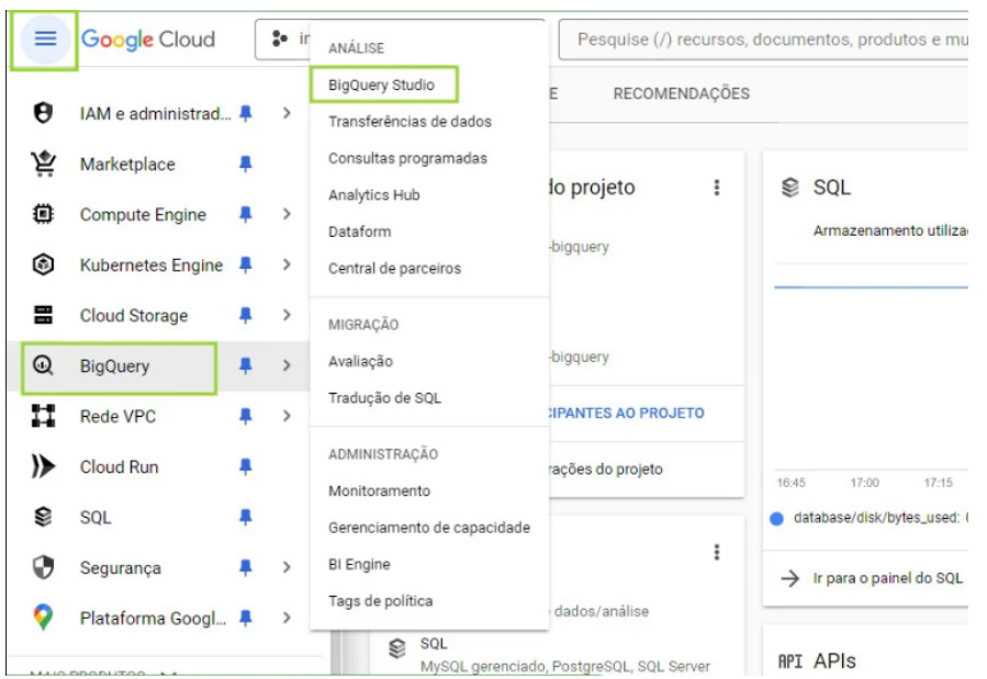 Página principal do cloud. À esquerda da tela, o menu está aberto. Nele, a opção “BigQuery” aparece em destaque por meio de um retângulo. Mais à direita, um submenu também está aberto, com a opção “BigQuery Studio”, ambos destacados por meio de um retângulo cada.