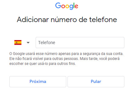 Tela para inclusão do telefone para auxiliar na segurança. Na parte inferior há dois botões disponíveis - Próxima” e “Pular”, respectivamente.