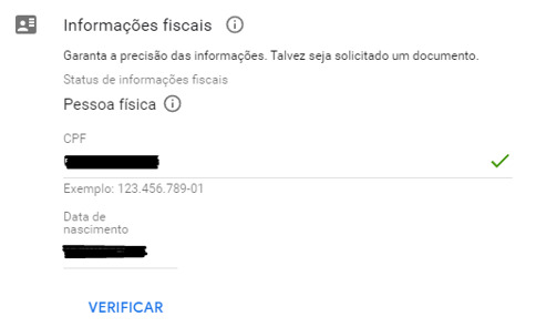 Tela para inclusão de dados pessoais do usuário que irá acessar a nuvem Google. Inclusão do CPF e Data denqascimento.