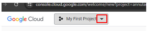 Tela de seleção do projeto do Google Cloud. Em destaque o projeto padrão MyFirstProject e, destacado entre um retângulo vermelho, uma seta para baixo para seleção de outros projetos.
