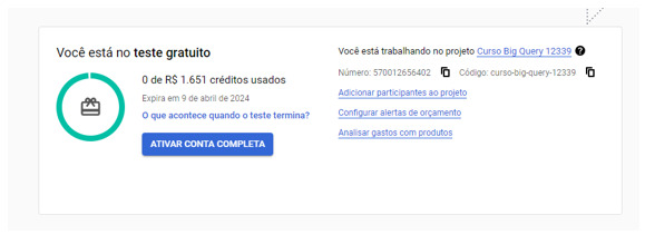 Tela com os dados relacionados com o teste gratuito mostrando os créditos em reais e a data de expiração do teste.