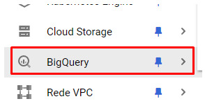 Menu de recursos da nuvem Google com um destaque, através de um retângulo vermelho, a opção para acesso ao Bigquery.