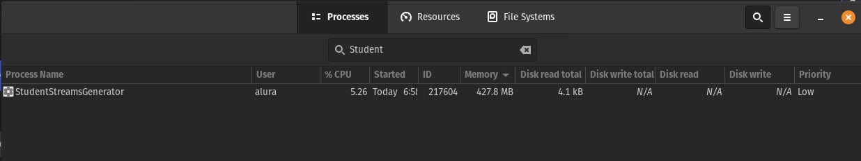 Janela de gerenciamento de tarefas de um sistema operacional Linux, filtrando por um processo que contenha em seu nome a palavra Student, mostrando campos como consumo de CPU, data de inicialização do processo, id do processo e memória consumida pelo processo.