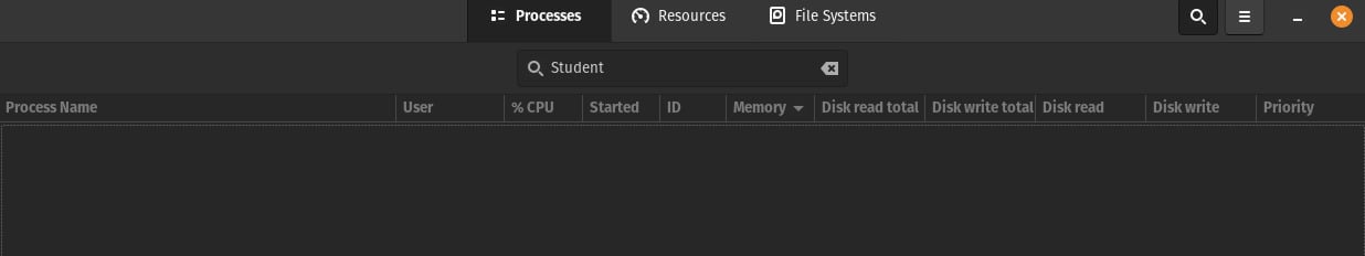 Print da janela de gerenciamento de tarefas de um sistema operacional Linux, filtrando por um processo que contenha em seu nome a palavra Student, mostrando campos como consumo de CPU, data de inicialização do processo, id do processo e memória consumida pelo processo.