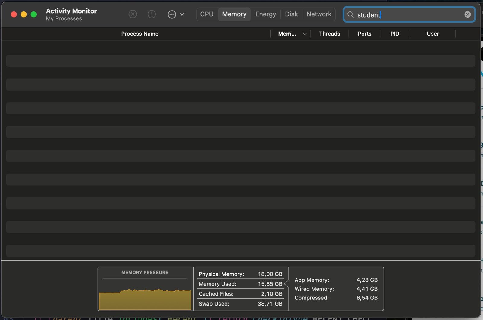 Print da janela de gerenciamento de tarefas de um sistema operacional MacOS, filtrando por um processo que contenha em seu nome a palavra Student, mostrando campos como consumo de CPU, data de inicialização do processo, id do processo e memória consumida pelo processo.