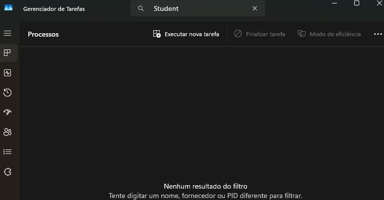 Janela de gerenciamento de tarefas de um sistema operacional Windows, filtrando por um processo que contenha em seu nome a palavra Student, mostrando campos como consumo de CPU, data de inicialização do processo, id do processo e memória consumida pelo processo.
