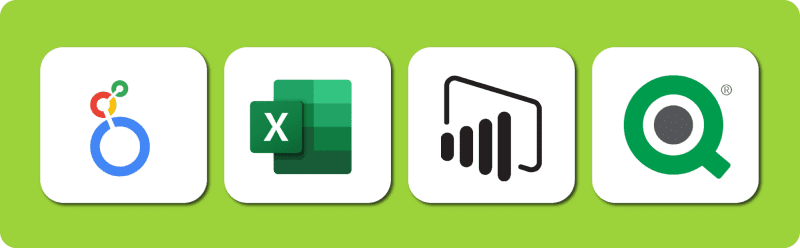 alt=Imagem mostra quatro ícones de ferramenta de BI. Da esquerda para direita, temos o ícone do looker studio, do excel, do power bi, e por fim do qlik.