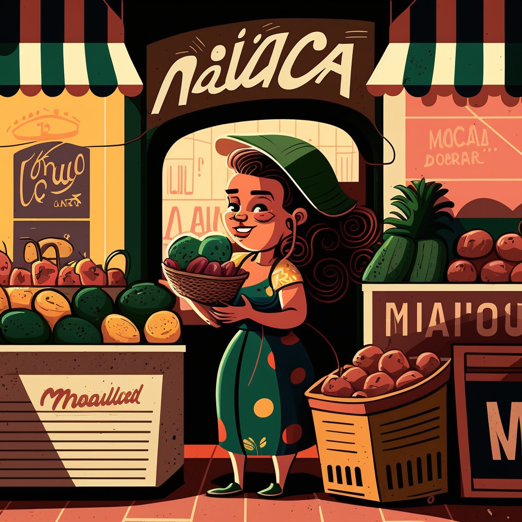 Desenho em cartoon colorido com uma mulher segurando uma bandeja de frutas. Ela está na frente de um mercado de bairro, com frutas em prateleiras expostas do lado de fora do mercadinho.