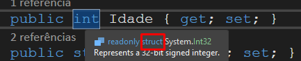 Na imagem é mostrado um recorte do editor de códigos Visual Studio Community mostrando que o tipo int é um struct do tipo `readonly`.