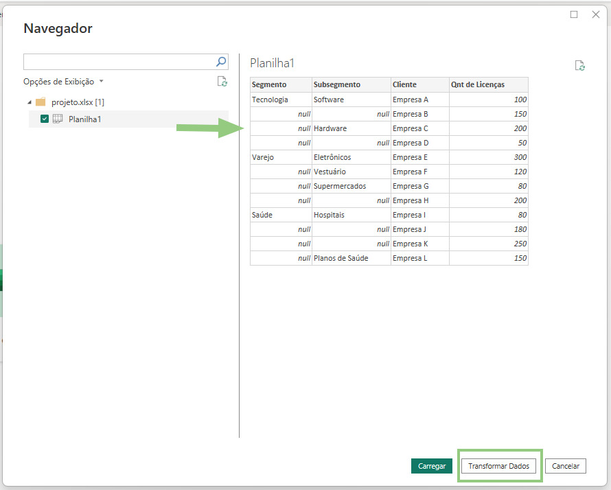 Print da pré visualização da planilha com células mescladas carregadas no Power BI, no print é possível identificar que várias células foram lidas como “null”, ou seja, vazias.