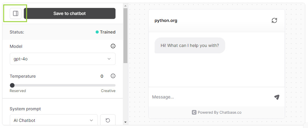Tela de configuração do Chatbot no Chatbase. À esquerda, há um menu suspenso com opções para salvar o chatbot. Há um menu "Status" que mostra "Trained", um menu "Model" com o valor "gpt-4.0", um menu "Temperature" com um slider e um menu "System prompt". À direita, há uma janela de bate-papo com o título "python.org" e a mensagem "Hi! What can I help you with?". Há um campo de texto para inserir uma mensagem e um botão para enviar a mensagem.