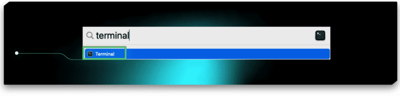 Captura de tela do campo de busca do Spotlight com o texto “Terminal”. Logo abaixo encontra-se o ícone do programa terminal, destacado por um retângulo verde.