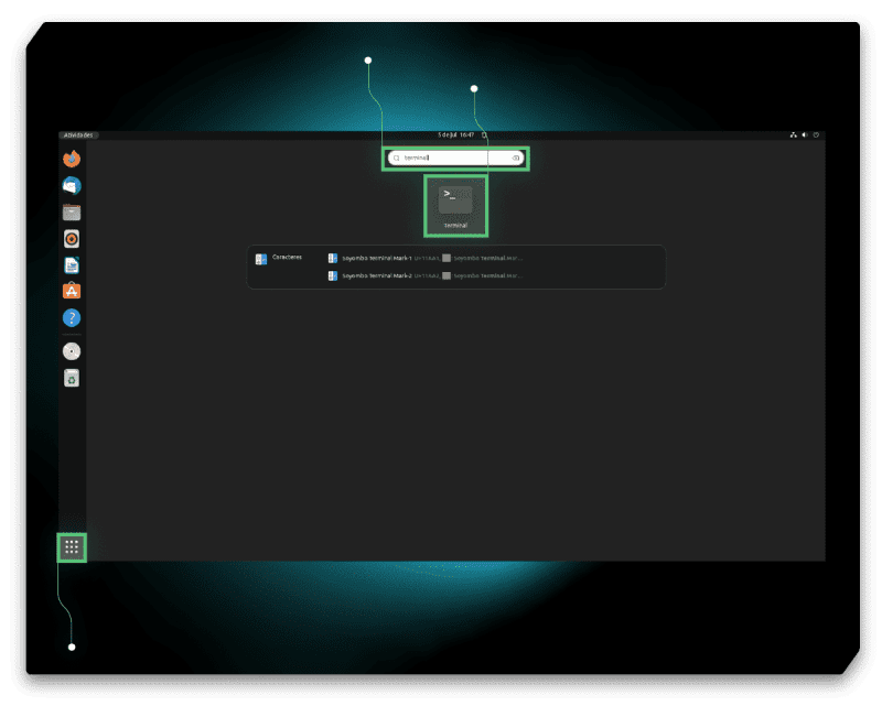 Captura de tela do sistema operacional Ubuntu. Está destacado dentro de um quadrado verde no canto inferior esquerdo o botão de iniciar, que é formado por nove quadrados pequenos e brancos que em conjunto compõem um quadrado maior. No centro superior da tela está destacado por um retângulo verde a barra de pesquisa que contém o texto “Terminal”. Logo abaixo se encontra o ícone do programa Terminal, que também está em destaque com um quadrado verde.