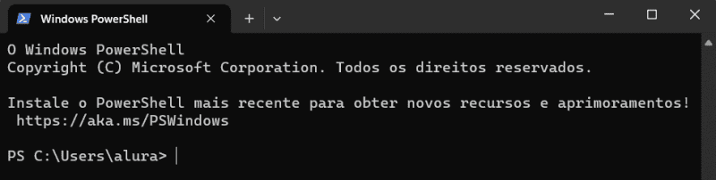 Captura de tela do terminal do PowerShell no Windows. Mostra uma tela preta com os textos em letras brancas. Exibe o caminho para um diretório no Windows.