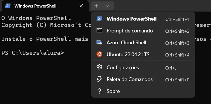 Captura de tela do Windows PowerShell. Mostra um terminal com fundo preto e textos em letras brancas. Também exibe um menu que lista os diferentes shells disponíveis no computador, são eles: Prompt de comando, Azure Cloud Shell, Ubuntu 22.04.2 LST. Após isso, há as opções clicáveis: Configurações, Paleta de Comandos e Sobre.
