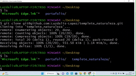 Gif com: Terminal Git Bash; Comando `$ cd templete_naturaleza`; Branch principal e arquivos do repositório clonado."