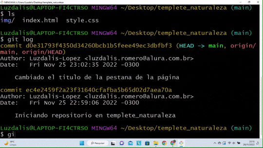 Gif com: Terminal Git Bash; Comando `$ git log --oneline`; Resumo do commit; Comando `$ code .`; Tela inicial do Visual Studio Code."