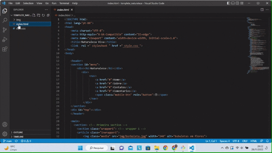 Gif com: Vs Code na janela do arquivo HTML; Frase: Pressione as teclas: Ctrl+ J; Terminal integrado do VS Code; Clique no símbolo v, no canto inferior direito ao lado de "powershell"; Menu de opções; Clique em Git Bash."