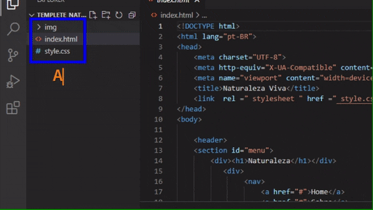 Página inicial de Visual Studio Code com a pasta do repositório aberta; Clique em "New File" no canto superioir esquerdo; Arquivo "readme.md" sendo criado; Dentro do arquivo; Escrita de "# Nome do repositório";  Escrita da âncora.