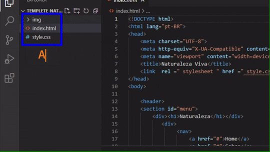 Página inicial de Visual Studio Code com a pasta do repositório aberta; Clique em "New File" no canto superioir esquerdo; Arquivo "readme.md" sendo criado; Dentro do arquivo; Escrita de "# Nome do repositório"; Escrita da âncora.