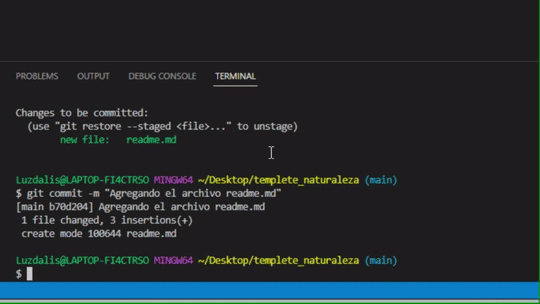 Janela do terminal integrado; Comando `$ git status`; Comando `$ git commit -m`; Último commit destacado; Escrita na tela "Último commit feito."