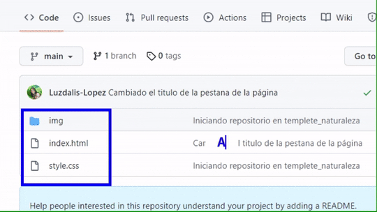 Tela do repositório no gitHub; Atualização da página; Aquivo redme.md recebido e destacado; Histórico de commits atualizado e destacado.