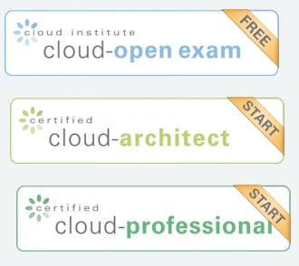 Três cards coloridos com o nome de três certificações oferecidas pelo Cloud Institute. Em azul, a certificação para a “Cloud-Open Exam”. Em verde claro, a certificação para “Cloud-Architect”. Por fim, em verde escuro, a certificação para “Cloud-Professional”.