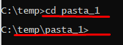 Na imagem é apresentada a execução do comando `cd` no `cmd` para navegar da pasta `c:\temp` para a `c:\temp\pasta_1`.