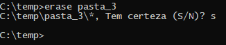 Na imagem é apresentada a execução do comando `erase` no `cmd` para exclusão do conteúdo da pasta `pasta_3`.