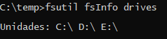 Na imagem é apresentada a execução do comando `fsutil` junto com o `fsinfo` e o comando `drives`.