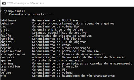 Na imagem é apresentada a execução do comando `fsUtil`.