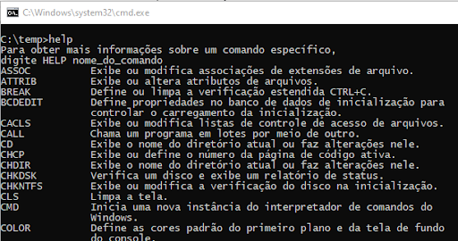 Na imagem é apresentada a execução do comando `help`.