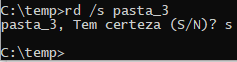 Na imagem é apresentada a execução do comando `rd` em conjunto com o parâmetro `/s` no `cmd` para exclusão de uma pasta `pasta_3` e de todo seu conteúdo.
