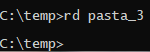 Na imagem é apresentada a execução do comando `rd` no `cmd` para exclusão da pasta `pasta_3`.