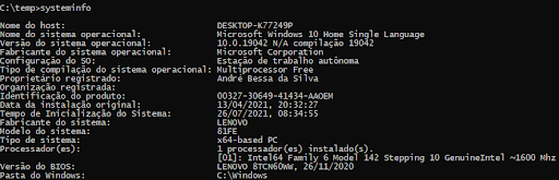 Na imagem é apresentada a execução do comando `systeminfo`.