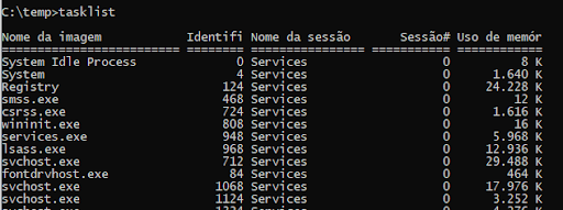 Na imagem é apresentada a execução do comando `tasklist`.