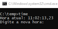 Na imagem é apresentada a execução do comando `time` para alterar a hora do sistema.