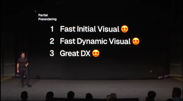 Guillermo Rauch está em pé ao lado de uma grande tela de apresentação em um palco escuro. A tela exibe três pontos destacados sobre 'Partial Pre-rendering' com ícones de emoji sorridente ao lado de cada ponto: 1. Fast Initial Visual, 2. Fast Dynamic Visual, 3. Great DX (Developer Experience).