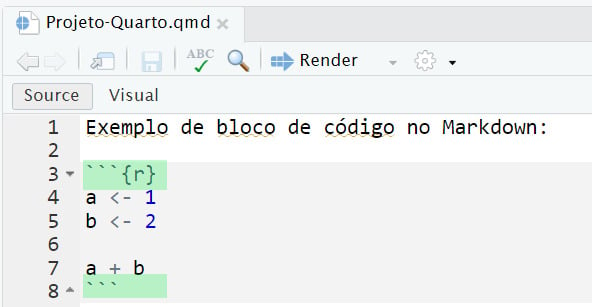 Captura de tela da criação de um bloco de código no editor Source. As crases utilizadas para envolver o código estão destacadas com uma marcação verde.