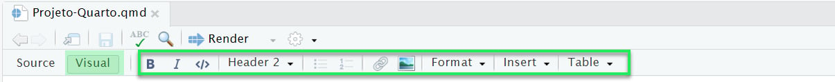 Captura de tela do botão de Visual, localizado abaixo do nome do arquivo do lado esquerdo, destacado com uma marcação verde. No lado direito do botão, temos a barra de opções de formatação de texto, destacada com um retângulo verde.