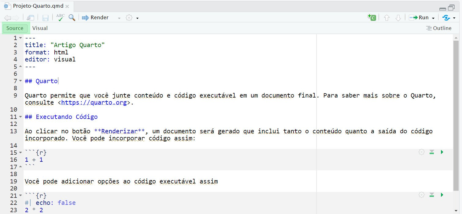Captura de tela do documento Quarto no editor Source, com o markdown exposto. O botão de Source está destacado com uma marcação verde.