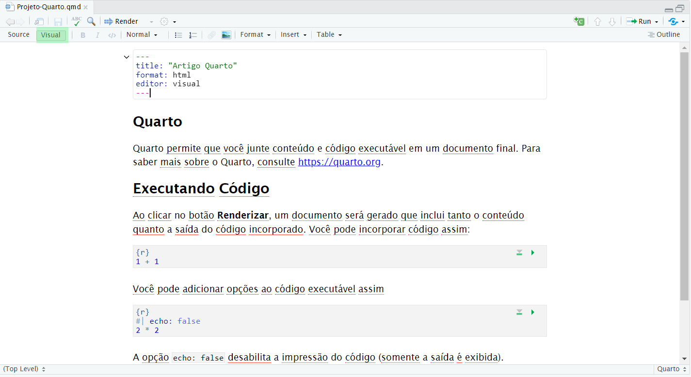 Captura de tela do documento Quarto no editor Visual, com o texto formatado. O botão de Source está destacado com uma marcação verde.
